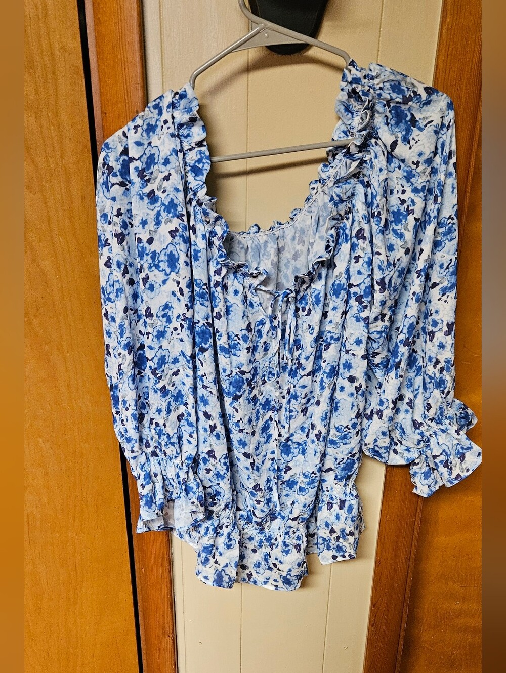 Blue Floral Ruffle-Neck Women's Blouse